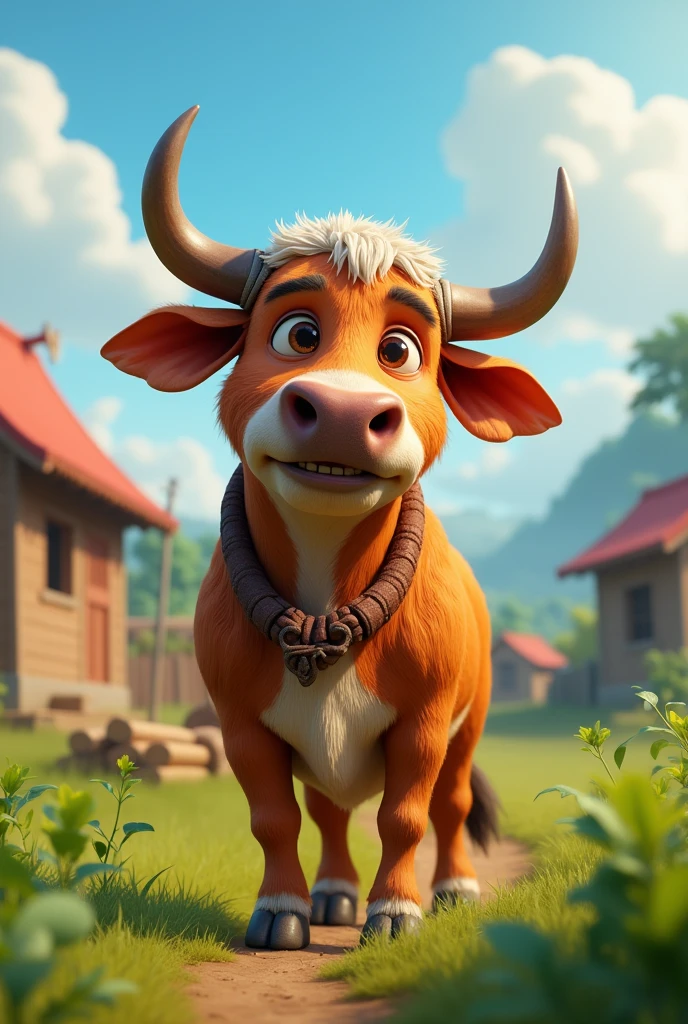 In cenematic 3d cartoon style" बैल ने कई सालों तक रामू के खेतों में मेहनत से काम किया था, लेकिन अब वह बूढ़ा हो गया था और कमजोर भी।"