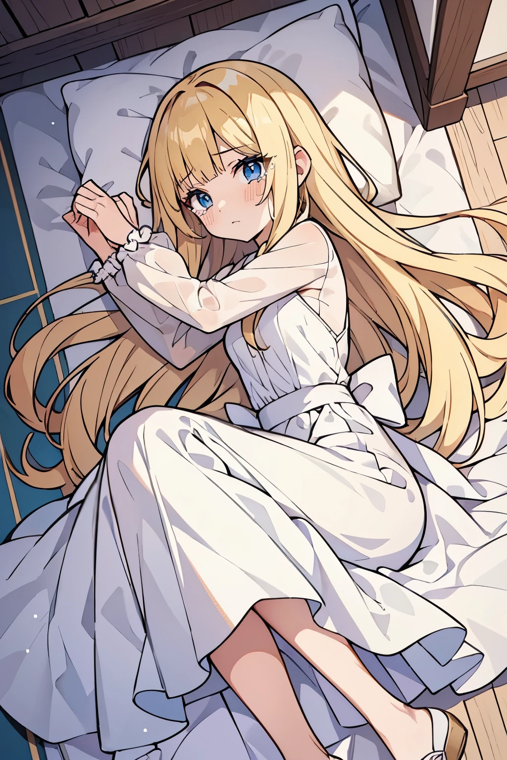 Young adult girl, best quality, 1 girl, female figure, yellow hair, blunt bangs, extra long hair, crystal blue eyes, indoors storange room church, marble floor, golden blonde hair, cowboy shot, voluminous hair, wavy hair, cute girl, (medium small breasts), (young female body: 1.4), white dress, long white dress, flowy dress, long sleeves, flowing dress, lying on the stone floor, lying on side, human sacrifice, looking from above, bird eye view, crying, tears, scared expression, marble floor, legs together, 