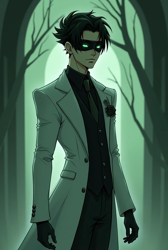 1 boy 1 ghost He has a muscular tall build. His hair is a black undercut.He also have short black goatee.His eye is glowy green
Logan is 18 years old while Landon is ageless
Logan wear blindfold because of tradition.
His full name is Logan Jamie Raymond.
Toshio was a shy,insecure in private but adopted a warm outgoing persona
He always carry lantern named "Last Memory".It allow him to summon spirit and allow him to use magic.
Logan have ghost asisstant living inside lantern that look like the Logan but older and taller named Landon.His personality is sarcastic,introvert and serious.
Both of them wear the same costume,Logan wear white suit with black rose.Landon wear black suit with white rose
He is gravekeeper and Pallbeare on "Raymond" owned graveyard Named "Last Burial"