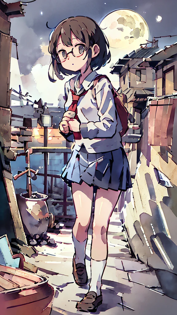 Many towers in the distance、Big Moon、metropolis、Tall buildings、Looking up at the stars、water、Midnight、Moon、Blue light、sky、sea、Nsfw、masterpiece, high quality, 4K, HDR,, Stable Diffusion prompt: schoolgirl with short、brown hair and red-framed glasses, wearing a white blouse and navy skirt, white panties visible, navy socks and brown loafers, in a state of arousal and trembling with sexual climax,simple illustration style, In a nichijou (everyday life) Setting Image generation AI model used: Stable Diffusion (eleet- model)
id: i2