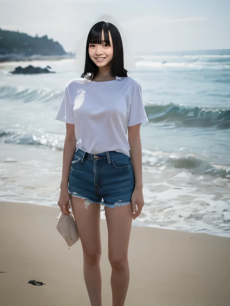 masterpiece,Highest quality(8k),Highest quality,masterpiece:1.2)、(Real、Photorealistic:1.37),Super detailed,A woman looking at the camera on the beach at Enoshima,Wearing a white T-shirt,Long black denim shorts,barefoot,barefoot,Posing for a photo,Distant scenery is blurry