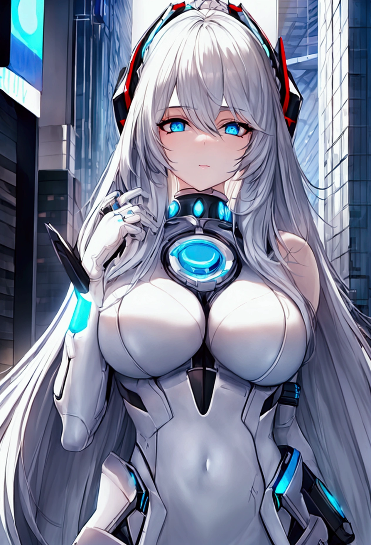 ((best quality)), ((masterpiece)), (detailed), perfect face, a beautiful woman with white long hair and a sky blue reflection, she has a tufted fringe, she has sky blue eyes in a cyberpunk city with sky blue lights, Total body.