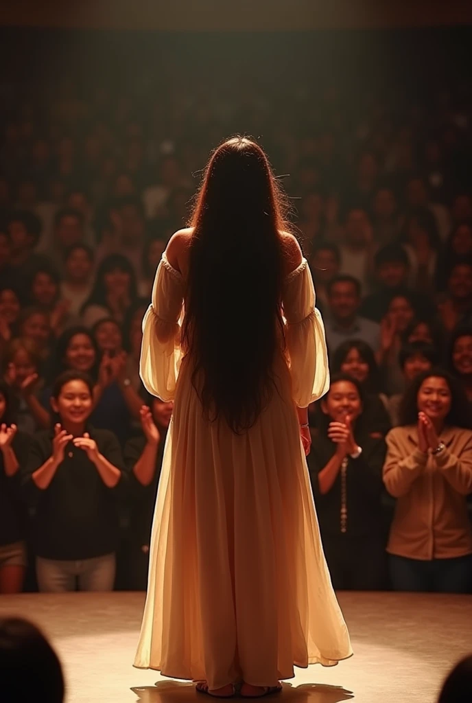 Singing on stage at Tokyo Dome、Top view of a long-haired female singer。She was wearing a loose dress、Demonstrating inner wisdom and outer beauty。The packed audience applauded with happy smiles on their faces.。