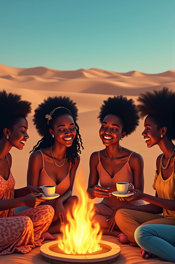 Des femmes noir prenant du thé autour d'une barbecue dans le désert toutes enthousiastes