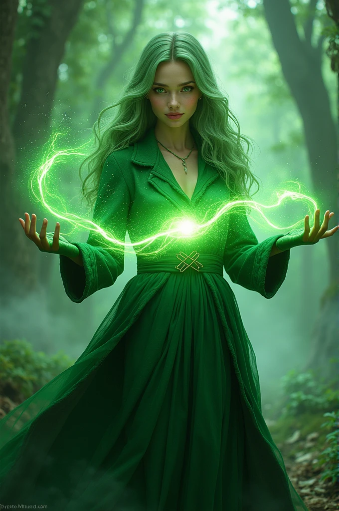 a beautiful young woman who has green eyes,green hairs,wears grean coat and wear gloves, she summon green magical beam on her hand