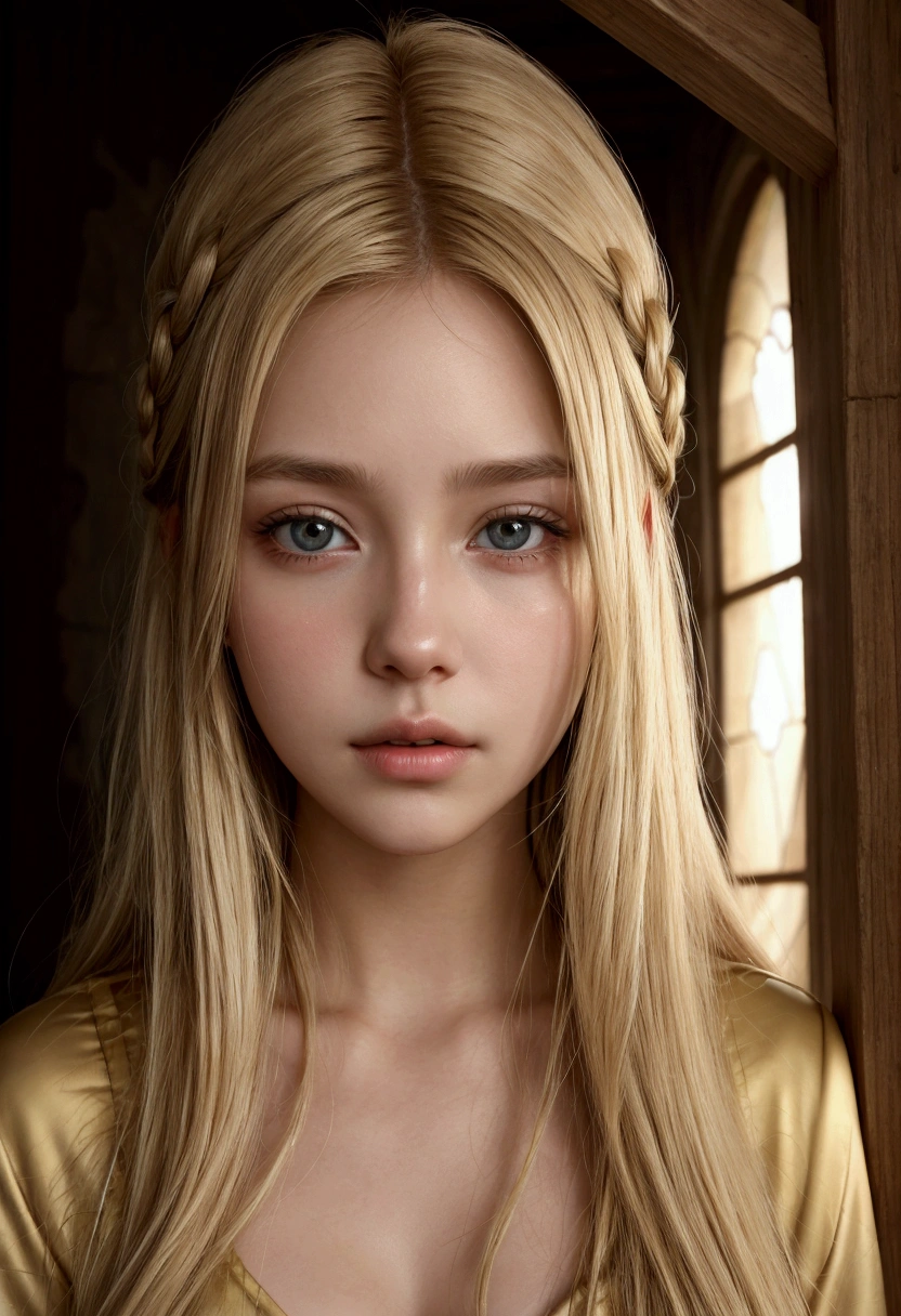  blonde, with brown eyes with Jesus by her side