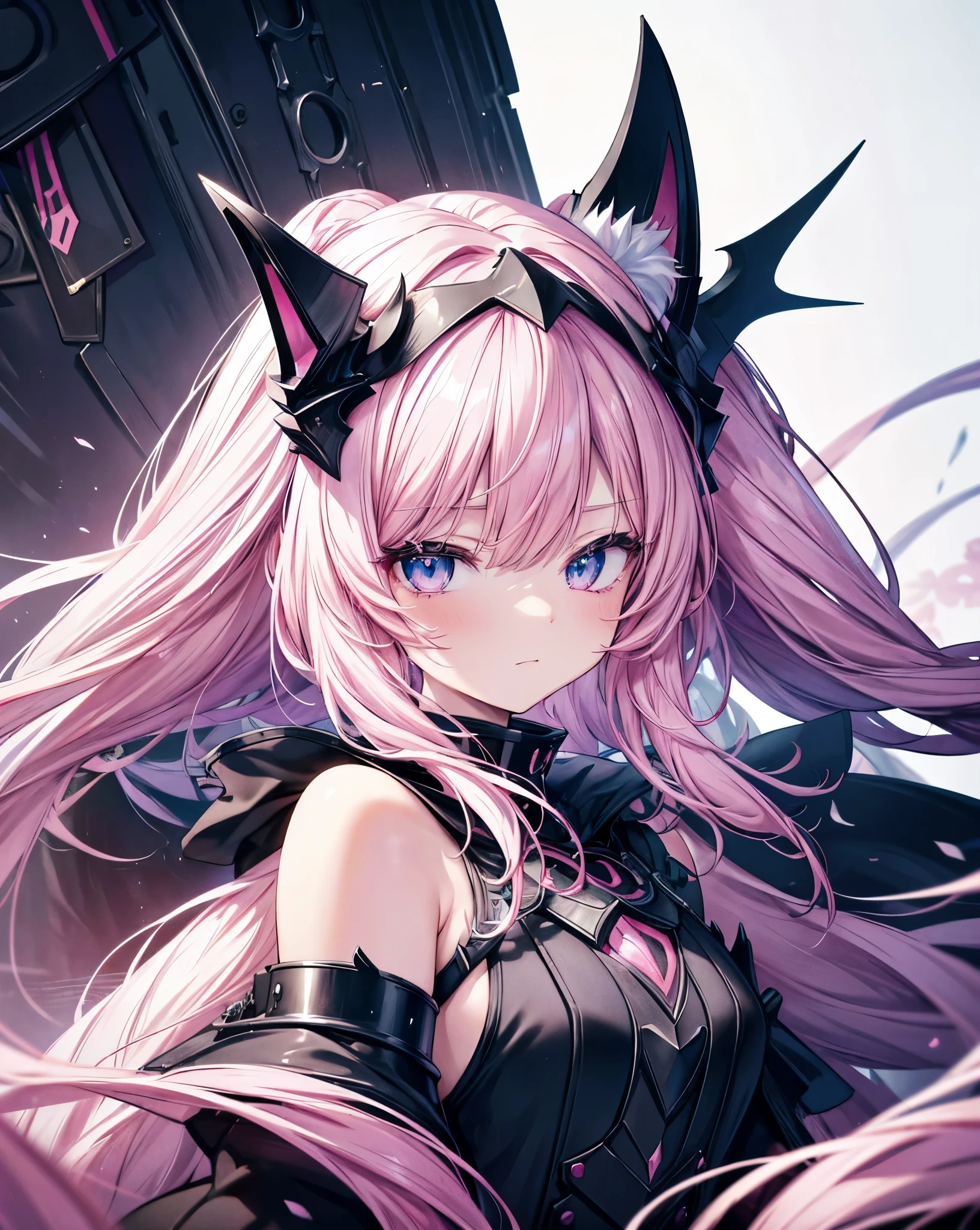 Eyes macro, masterpiece, 1nekogirl, pink_and_white_cat_ears, limited palette, long Straight pink hair, detailed anime blue eyes.  She wear a black intricate war armour, Pink and black cloak . She has bare shoulders. Dragon armour. Portrait zoomed on eyes. Zoom eyes. 