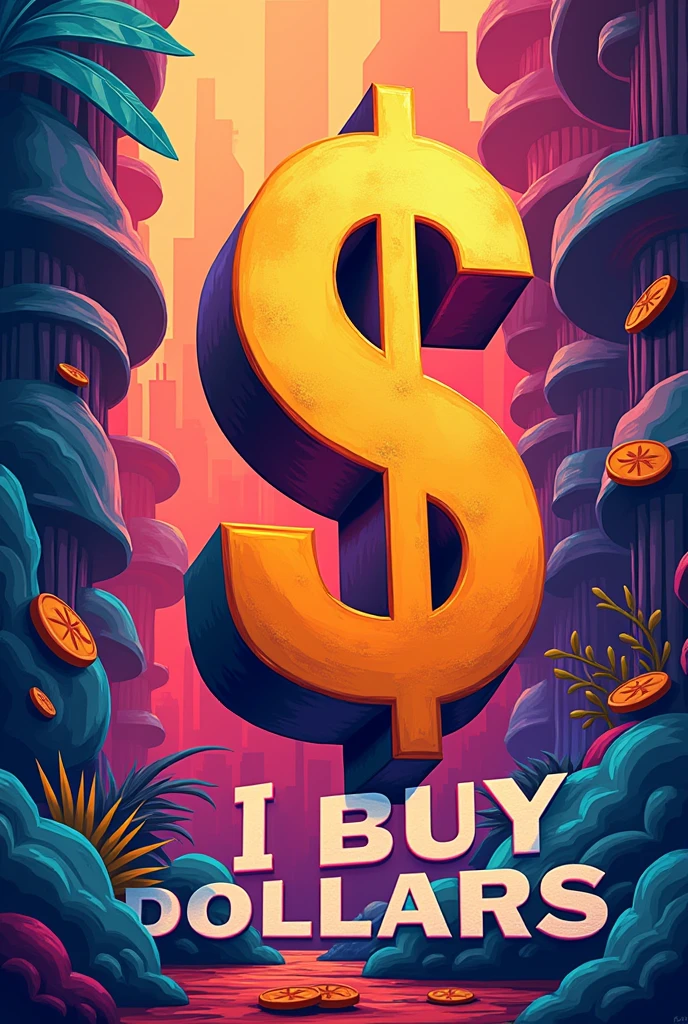 I need an image that has bright colors with a big dollar sign that says I BUY DOLLARS