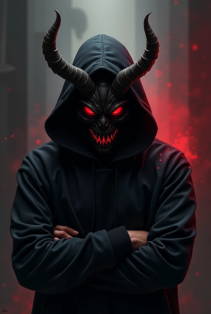 A guy in a hoodie and with a demon mask like a ninja for a pfp with a black and red color accent