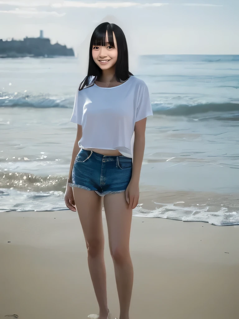 masterpiece,Highest quality(8k),Highest quality,masterpiece:1.2)、(Real、Photorealistic:1.37),Super detailed,A woman looking at the camera on the beach at Enoshima,Wearing a white T-shirt,Long black denim shorts,barefoot,barefoot,Posing for a photo,Distant scenery is blurry