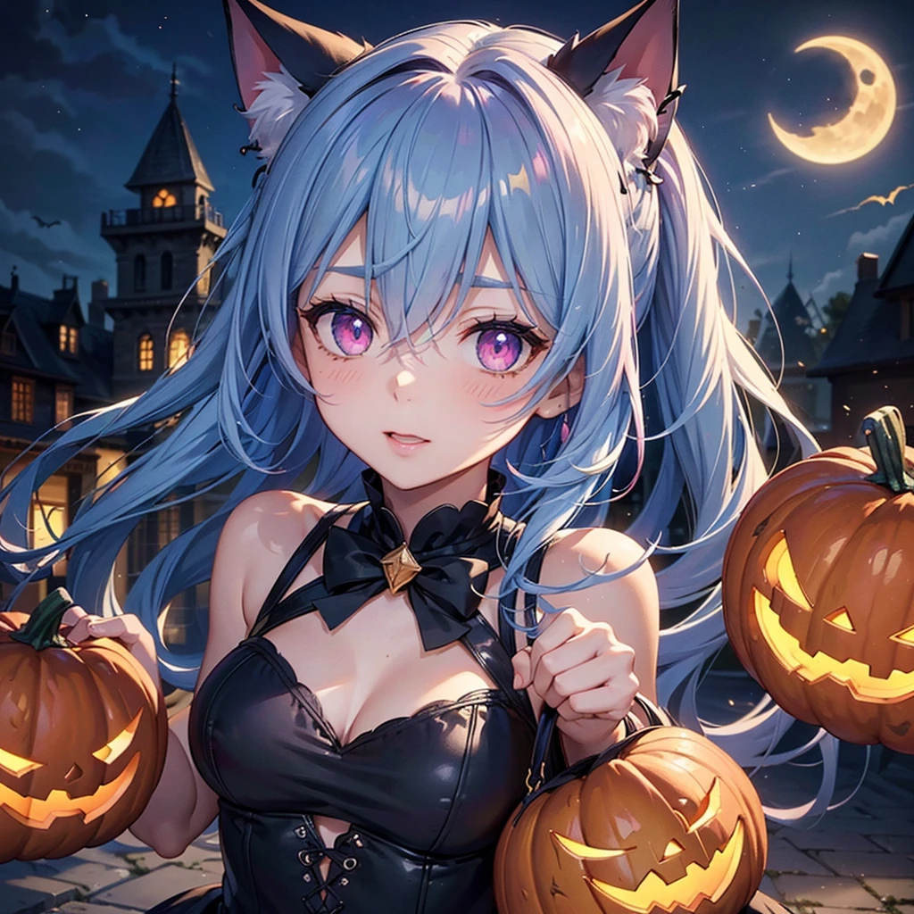 (Sky blue hair),(Medium Hair), (Pink Eyes),Fair skin) ,(whole body),(One Girl),(Crescent Moon),(There are lots of pumpkin ghosts in the background),Cat ear,Cat clothes,Ahegao,Fall into Darkness,If you don't give me sweets, I'll play a prank on you.),Halloween Night Party),(masterpiece, Highest quality, Very detailed, Best Shadow), (Detailed Background), (Beautifully detailed face), High Contrast, (Best lighting, Very delicate and beautiful), ((Cinematic Light)), Hyper Detail,8k, Dramatic Light, Intricate details,night,(Bats flying in the background),Pumpkin handbag,There are sweets in the bag,
