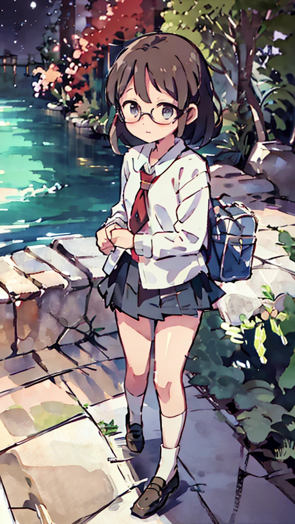 Many towers in the distance、Big Moon、metropolis、Tall buildings、Looking up at the stars、water、Midnight、Moon、Blue light、sky、sea、Nsfw、masterpiece, high quality, 4K, HDR,, Stable Diffusion prompt:  schoolgirl with short、brown hair and red-framed glasses, wearing a white blouse and navy skirt, white panties visible, navy socks and brown loafers, in a state of arousal and trembling with sexual climax,simple illustration style, In a nichijou (everyday life) Setting Image generation AI model used: Stable Diffusion (eleet- model)

id: i2