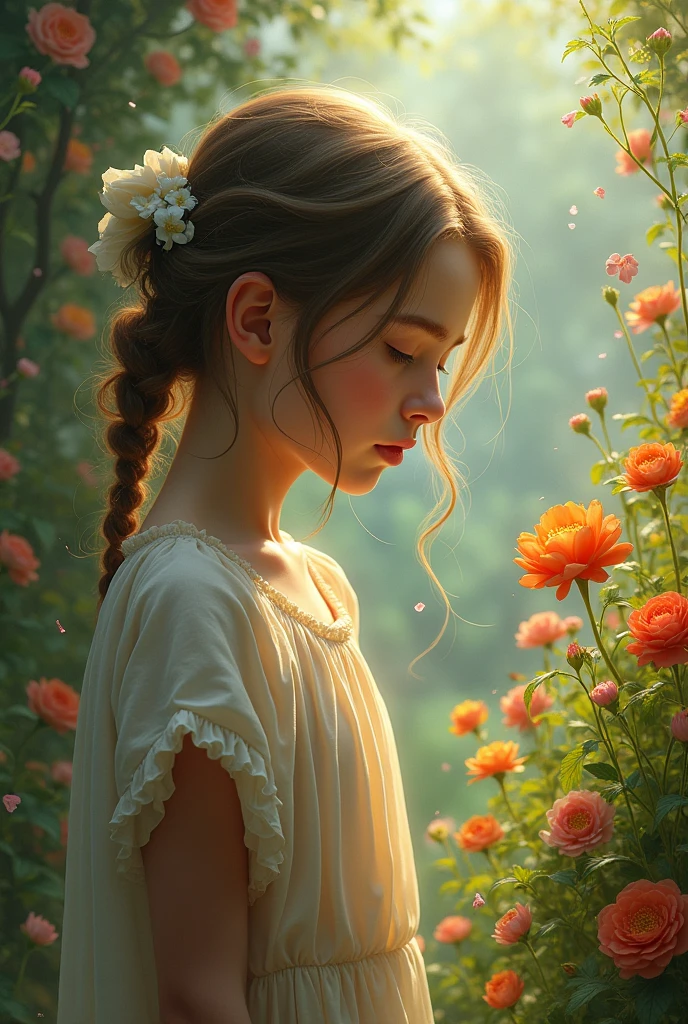 A girl close to flower garden she is hopeless but God knows her sorrow pain and everything and he send  blessings to girl directly 