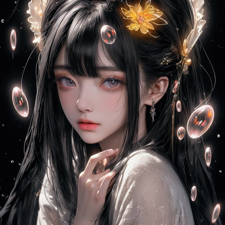 Highest quality, 4k wallpaper, 8k, ultra-high resolution, masterpiece, highly detailed CG, highly detailed eyes, ultra-detailed, complex details, public, 1:1, one girl (long black hair, slim), a lonely girl in the center looking up, a shy and lonely girl in the center, neon pop abstract art style, abstract plant art, public, highly detailed flow of bubbles, dynamic art, cinematic lighting