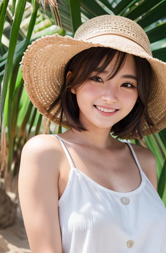 beautiful girl、cute、Her breasts are big、Round face、smile、blush、shy、Light clothing、Sandy Beach、21 years old、short hair、Wearing a bandana