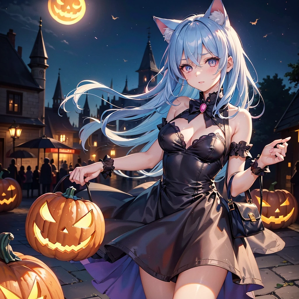 (Sky blue hair),(Medium Hair), (Pink Eyes),Fair skin) ,(whole body),(One Girl),(Crescent Moon),(There are lots of pumpkin ghosts in the background),Cat ear,Cat clothes,Ahegao,Fall into Darkness,If you don't give me sweets, I'll play a prank on you.),Halloween Night Party),(masterpiece, Highest quality, Very detailed, Best Shadow), (Detailed Background), (Beautifully detailed face), High Contrast, (Best lighting, Very delicate and beautiful), ((Cinematic Light)), Hyper Detail,8k, Dramatic Light, Intricate details,night,(Bats flying in the background),Pumpkin handbag,There are sweets in the bag,