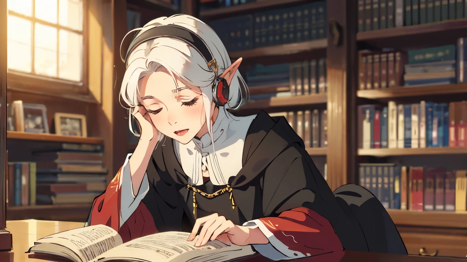 lo-fi, elf girl with white hair wearing headphone,in medieval library, wearing medieval dress, closed eyes