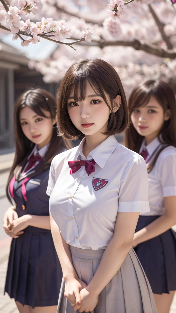 masterpiece, 4k, Bokeh, beautiful face, (multiple girls:1.4), Harem, group photo, Cat ear, medium bob hair, Pink school uniform, graduation, looking at the viewer, cherry blossoms, Upper body shot, boob, boobjob