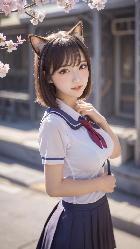 masterpiece, 4k, Bokeh, beautiful face, (multiple girls:1.4), Harem, group photo, Cat ear, medium bob hair, Pink school uniform, graduation, looking at the viewer, cherry blossoms, Upper body shot, boob, boobjob