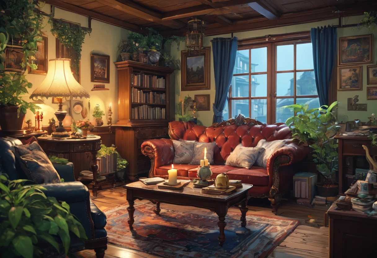 ((anime:1.4,figure)),(masterpiece, Highest quality, Highest quality),(Very detailed, The absolute solution),((16K, High resolution)), (((Background、night、magic、mysterious、Candle、lanthanum、interior, attic, Book, Foliage plant, lamp, Antique furniture, sofa))), ((cosy lofi figure:1.4)), ((anime:1.4, figure)),(masterpiece, Highest quality, Highest quality),(Very detailed, The absolute solution),((16K, High resolution)) break {Lofi Art, Laurie Griesley's style, Makoto Shinkai's Style, anime aesthetic}, break { (Generates images with over 40 million pixels of information with the detailed texture of films shot with Sony SLR cameras。).}