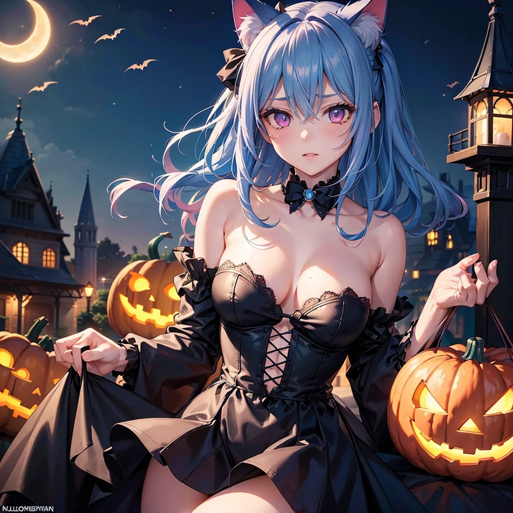 (Sky blue hair),(Medium Hair), (Pink Eyes),Fair skin) ,(whole body),(One Girl),(Crescent Moon),(There are lots of pumpkin ghosts in the background),Cat ear,Cat clothes,(Ahegao),Fall into Darkness,If you don't give me sweets, I'll play a prank on you.),Halloween Night Party),(masterpiece, Highest quality, Very detailed, Best Shadow), (Detailed Background), (Beautifully detailed face), High Contrast, (Best lighting, Very delicate and beautiful), ((Cinematic Light)), Hyper Detail,8k, Dramatic Light, Intricate details,night,(Bats flying in the background),Pumpkin handbag,There are sweets in the bag,
