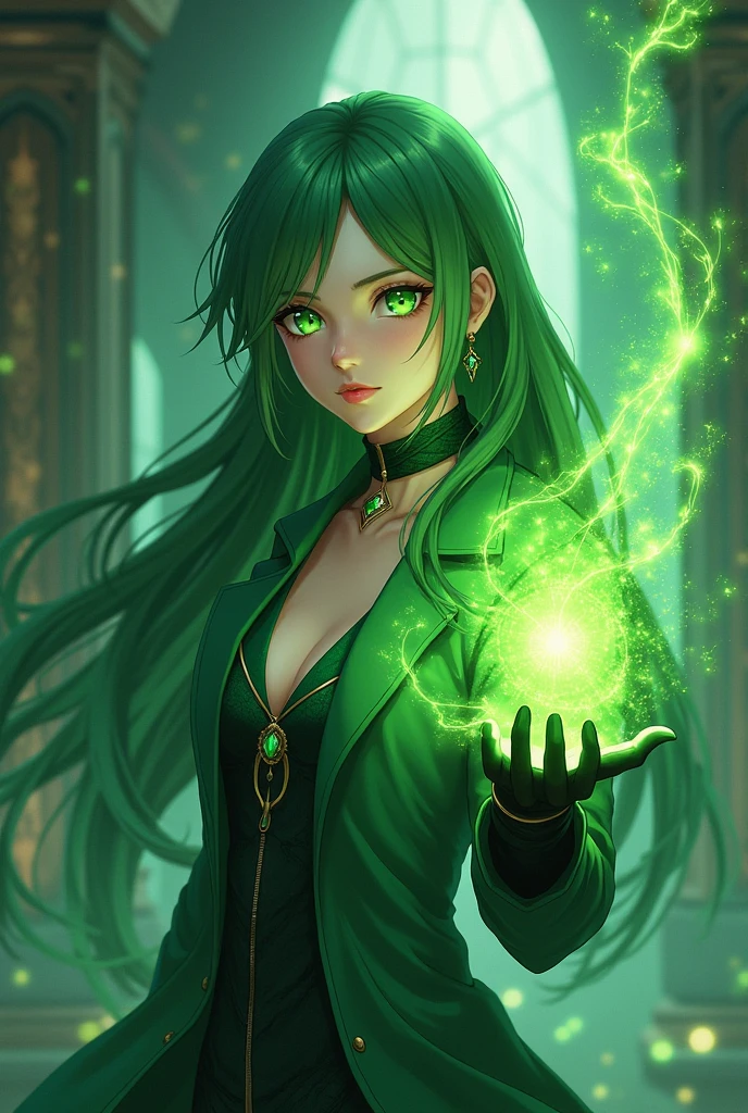An anime beautiful young woman who has green eyes,green hairs,wears grean coat and wear gloves, she summon green magical beam on her hand