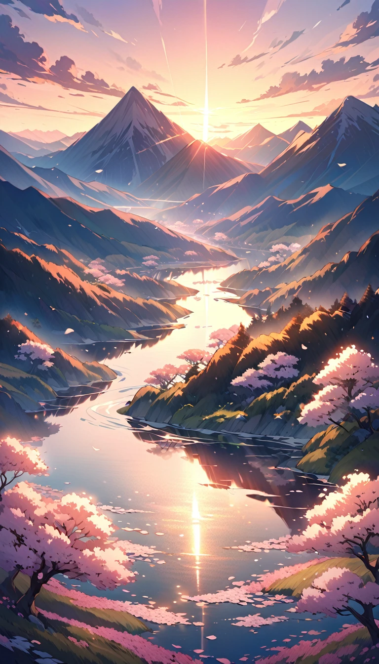 Mystical Mountain Sunrise:
• A breathtaking view of towering mountains bathed in the soft, golden light of the sunrise. The sky is painted in hues of pink, orange, and blue, with thin wisps of clouds hanging low. In the foreground, a crystal-clear lake reflects the entire scene, while cherry blossom trees sway gently in the breeze, their petals slowly drifting down. The style is inspired by Hayao Miyazaki, with intricate details and a serene, peaceful atmosphere.undefined, undefined, undefined, undefined,