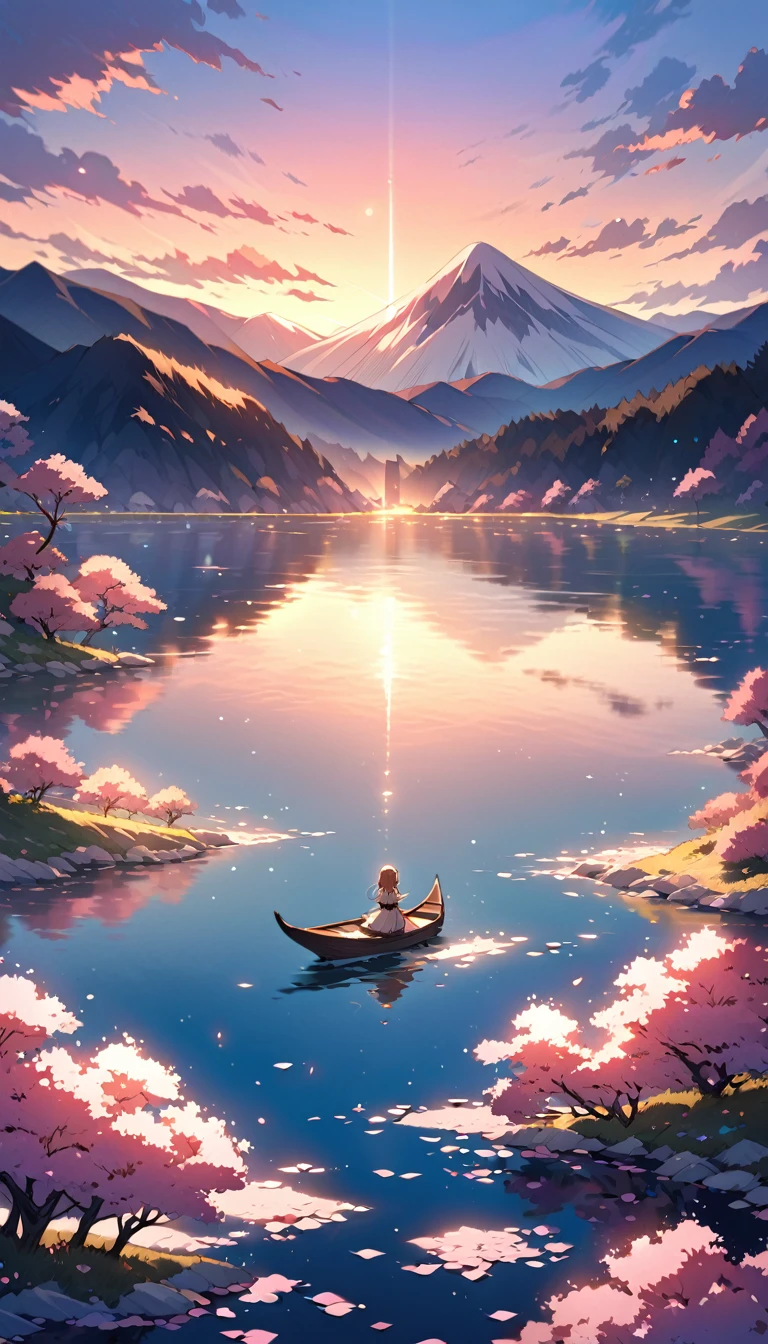 Mystical Mountain Sunrise:
• A breathtaking view of towering mountains bathed in the soft, golden light of the sunrise. The sky is painted in hues of pink, orange, and blue, with thin wisps of clouds hanging low. In the foreground, a crystal-clear lake reflects the entire scene, while cherry blossom trees sway gently in the breeze, their petals slowly drifting down. The style is inspired by Hayao Miyazaki, with intricate details and a serene, peaceful atmosphere.undefined, undefined, undefined, undefined,