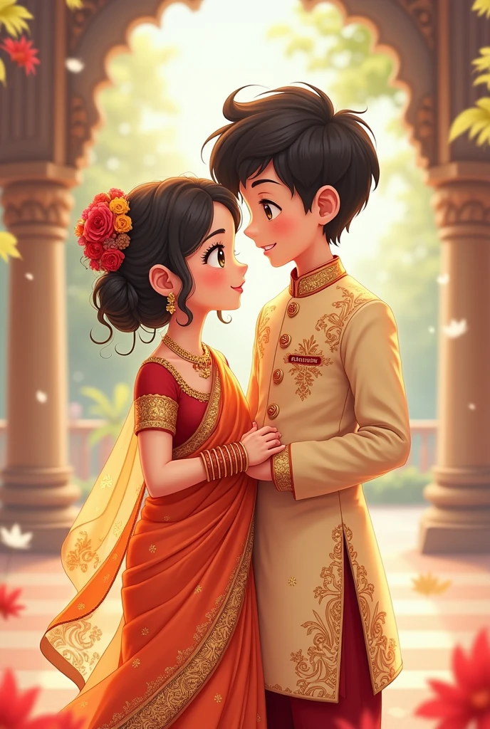 Cute Anime marriage  in saree print name muthu on her dress and print name Darshan  on his dress print their name on it dress 



