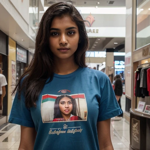 ((Best quality)), ((masterpiece)), ((realistic)), 18 year old Indian Girl with flawless beauty, wearing t-shirt and short button and zip opened, standing in a mall, (highres), original, extremely detailed 4K, (photorealistic:1.4), flawless face, perfect eyes, symmetrical body shape, smile