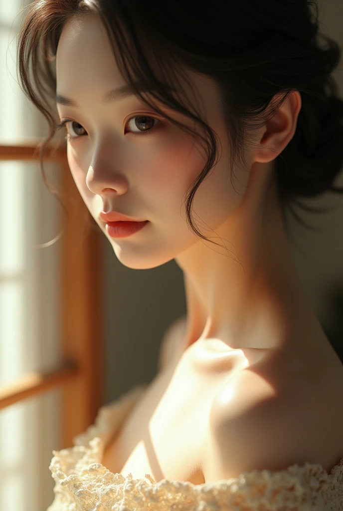 An elegantly dressed Japanese woman in natural light、A close-up of her chest and calm expression.、It shows her inner peace and outer charm.。