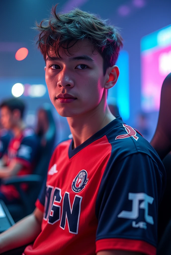 A young man gamer wearing esports jersy with a name "IGN" at the back