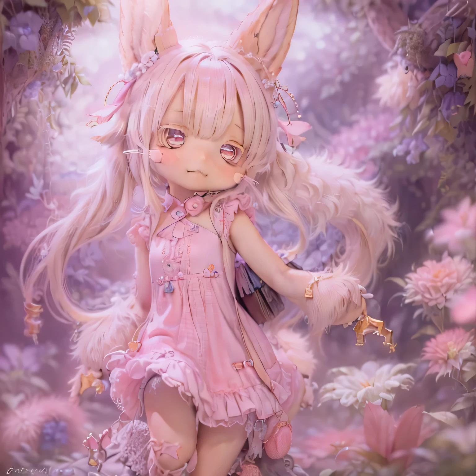 in the garden, Smiling girl, Similar to Nanachi from Made in Abyss. She is beautiful, Beautiful eyes and lips. girl (((Chibi Style,))) . Image quality is excellent, Highly detailed and realistic features. The medium of this work is、Combining illustration and photorealistic rendering.. The colors are vivid、The lighting creates a warm and bright atmosphere。 whole body(((((Cute pink dress)))))Contrasting cute poses