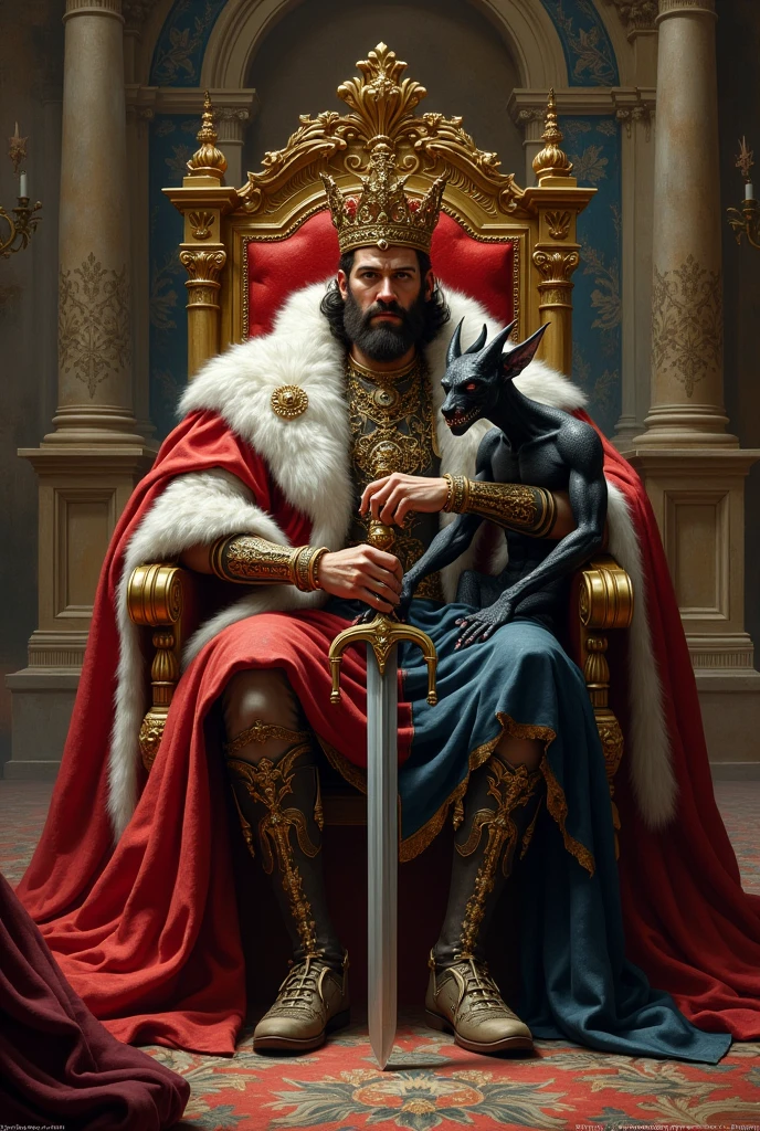A king sitting on his throne showing Pen and a devil sitting on his knees with sowrd front of king