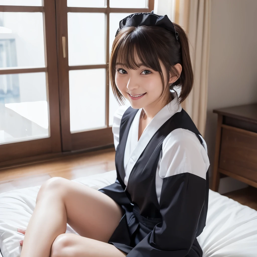 girl, maid, smile, View your viewers,, Sitting on the bed((maid服))8k，A masterpiece of anatomy、Beautiful Face