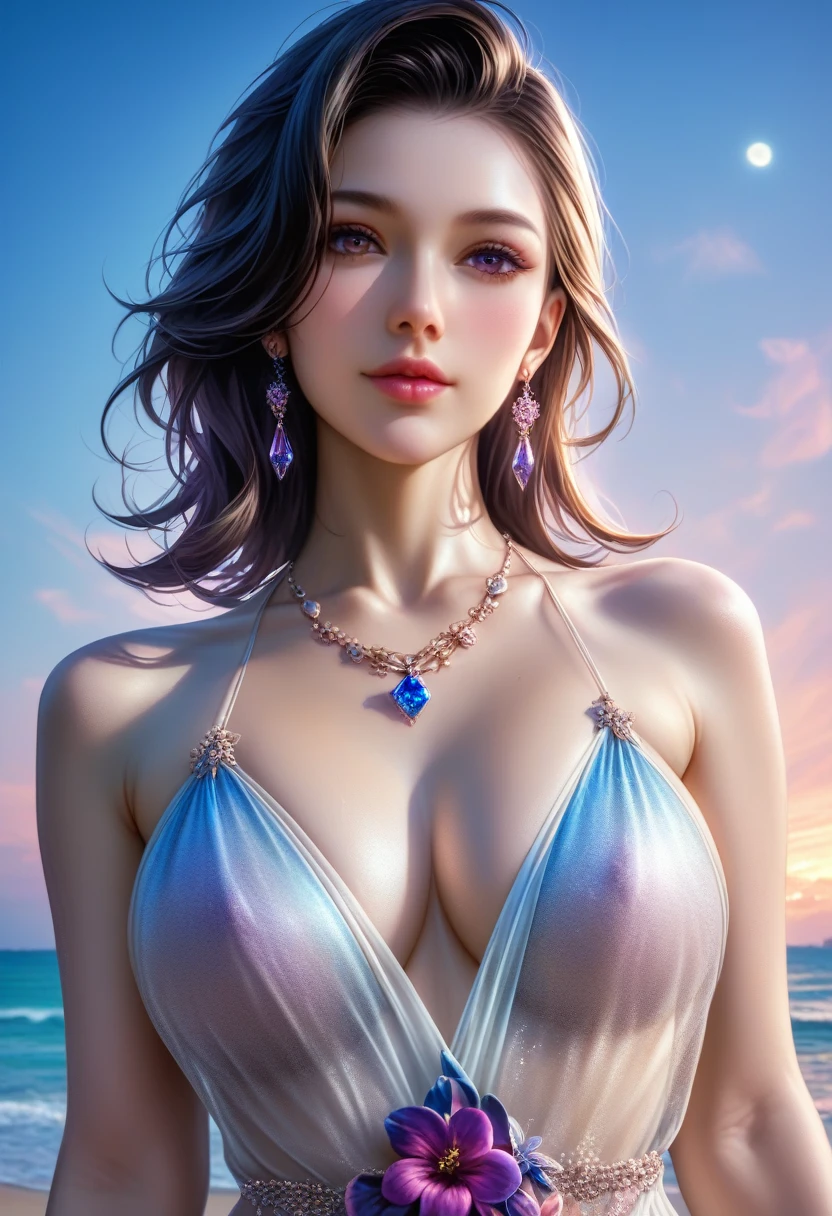 score_9, score_8_superior, score_7_superior, A masterpiece in 32K resolution,Highest quality,it is really amazing,Very detailed,Ultra-high resolution,Ultra-realistic,Realistic,Increased depth of field,Cinematic lighting,
Sexy mature Japan woman,
black straight medium hair,Ultra-detailed and beautiful face,Gentle expression,Translucent white skin,Realistic skin texture,
Elegant swimwear,
Elegant and luxurious design,Colorful color patterns,Beautifully detailed decoration,Detailed fabric texture,
Gorgeous necklace,Earrings,
Coastline at night,delay々A desolate sandy beach that continues,The huge moon illuminates the beach in a fantastic way,Dark clouds floating in the dark night sky,
Cinematic,Low - Angle,