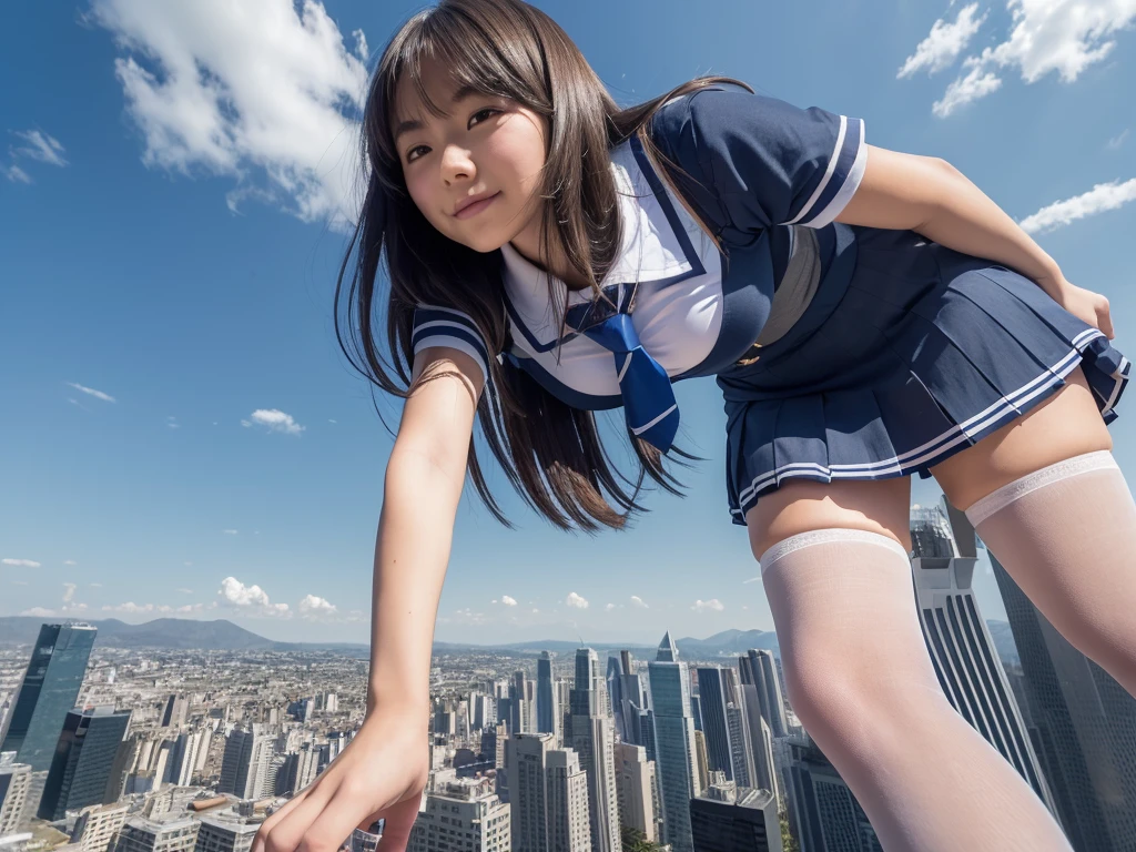 8k, (((Terra Giant Art))), Realistic, Ultra HD, ((one girl clones, one girl is cloning)), ((6+girls:1.5)), Big Breasts, Very detailed depiction, (Summer uniform, Short-sleeved shirt, Grey tie, Blue mini skirt, White Pantyhose), (Extremely detailed depiction, The gigantic schoolgirl is 5000 times taller than a skyscraper., Super miniature metropolis, super micro city, giga giantess, tera giantess, ((10,000m high school girl:1.5)), 6+girls, Full body description), Translucent skin texture, Beautiful Skin, Semi-long hair, Beautiful 16 year old girl, Cute Smile, On all fours, Looking down, Peek into, ((low angle))
