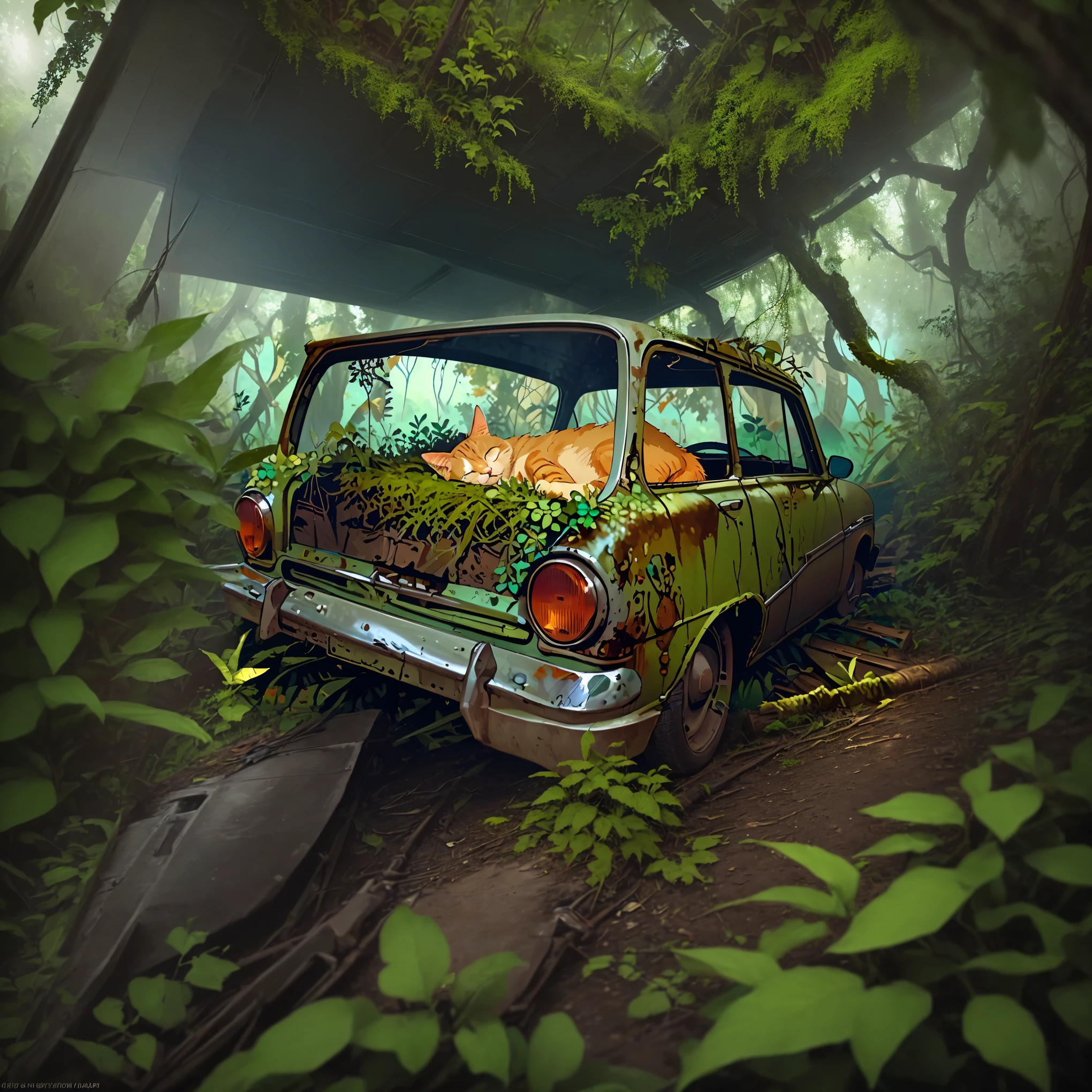 Photorealistic drone photo of A cat sleeps peacefully in the trunk of the car, it's stormy,A rusty old tuquoise car abandoned in the middle of a dense jungle. The car is covered in rust and moss, with vines and plants growing through the broken windows and under the hood. . The jungle is lush and overgrown, with thick green foliage and trees surrounding the car, giving the scene a sense of nature reclaiming the abandoned vehicle.