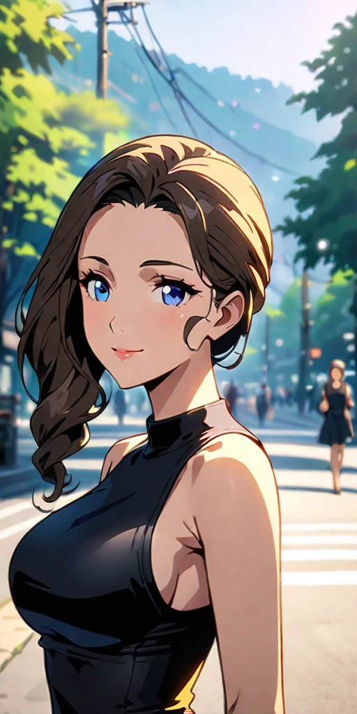 ((Highest quality、masterpiece、anime style、best quality、high resolution、8k、detailed、ultra-detailed:1.3))、Long legs:1.2, Beautiful woman with perfect figure:1.4、(Smiling:1.2), double eyelid、30-year-old female、((((One Woman,beautiful face,Beautiful face、Outdoor,upper body:1.5)))),Big Breasts、High resolution, accurate, Anatomically correct, High-resolution model, high quality, Very detailed, Ultra high definition