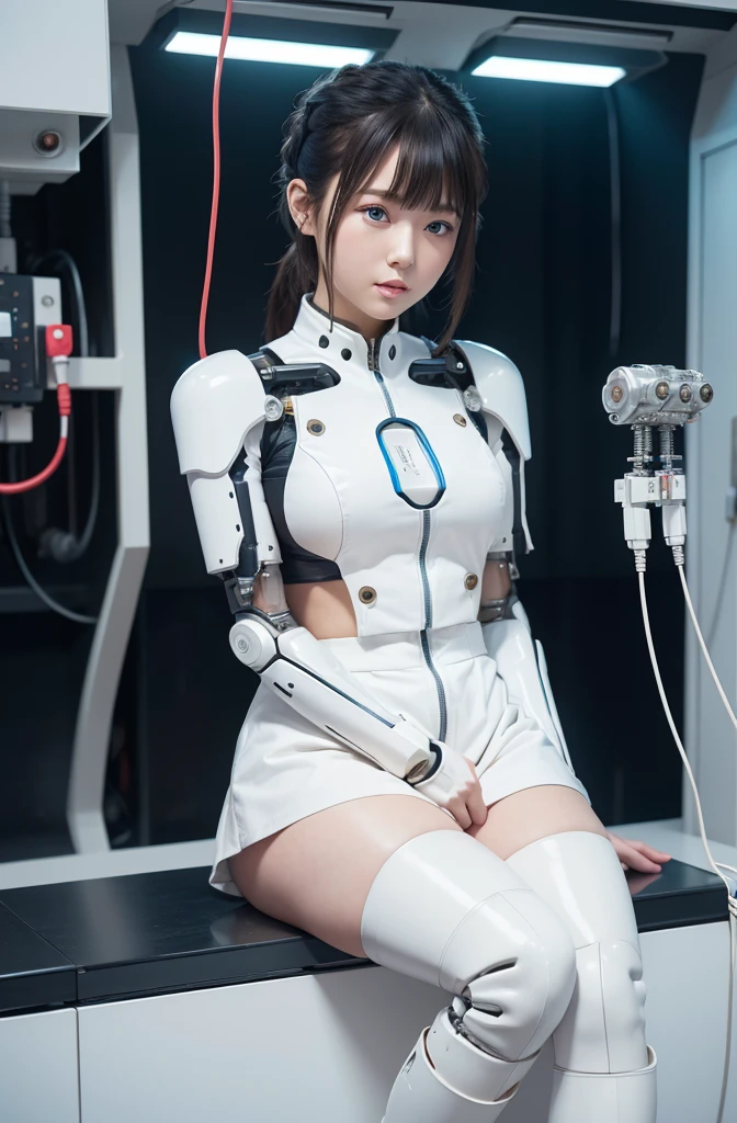 masterpiece, best quality, extremely detailed, Japaese android Girl,Plump,control panels,Mechanical Hand, Robot arms and legs,Mechanical body,Blunt bangs,perfect mechanical abdomen,future laboratory,charging spot,She is sitting the charging spot,laboratory,long tube,thick cable connected her neck, white robot body,The removable cover is in the groin,The connection port is in the groin,assembly plant,miniskirt,leather boots,(blue eyes:1.5)