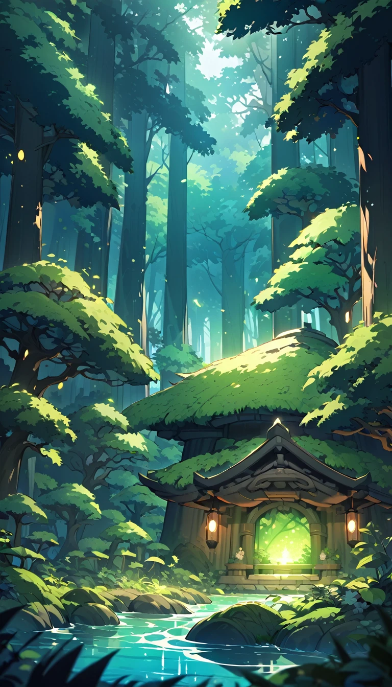 . Ancient Forest Sanctuary:
• A lush, dense forest with towering ancient trees whose canopies form a natural roof, letting only small beams of light touch the forest floor. The background is filled with vibrant green hues, and in the center is a small, secluded clearing with an old stone shrine covered in moss. Fireflies light up the area, adding a mystical glow, while a small stream gently flows nearby. The scene is cinematic, evoking a sense of calm and wonder, perfect for an enchanting wallpaper. undefined, undefined, undefined, undefined,