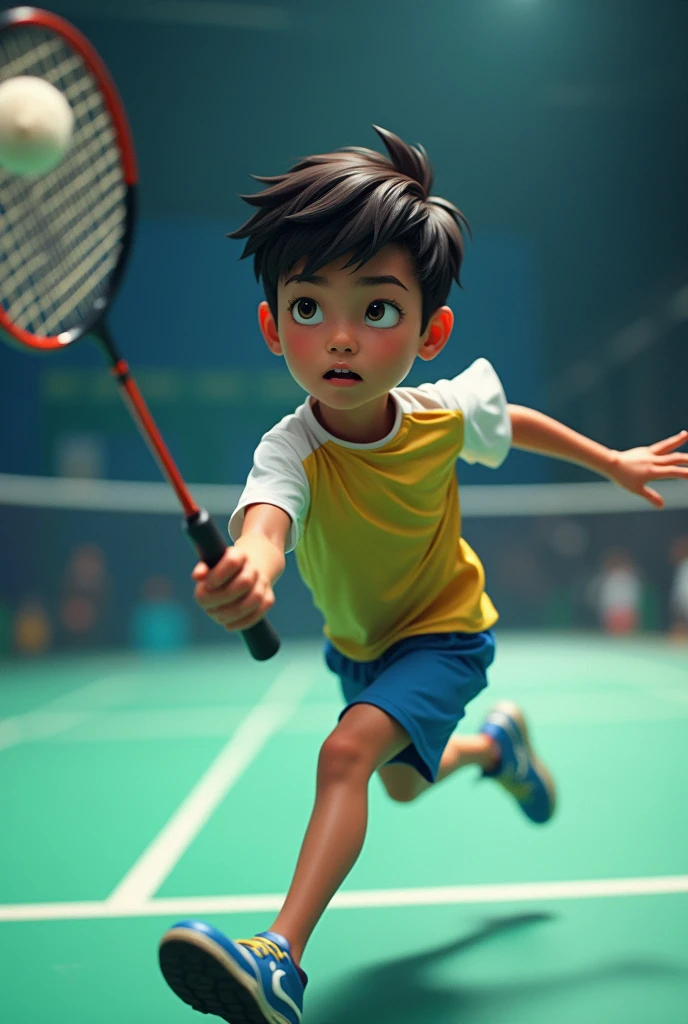 Boy playing badminton hut smash at very high speed