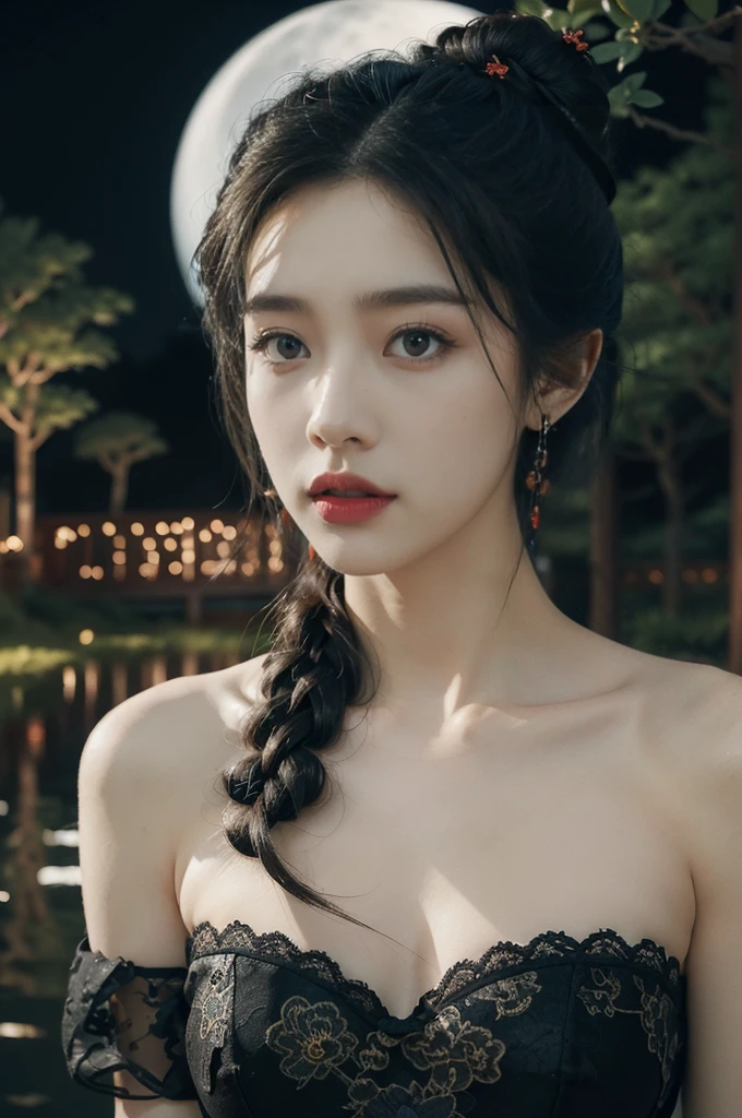 (((best quality))),(((ultra detailed))),(((masterpiece))),illustration,((1 beautiful girl,solo)),(bun hair:1.2),(Ghostly makeup:1.3),(fair skin:1.5),(red lips:1.2),(earrings:1.2),((slim,thin)),((small breasts,flat chest)),(strapless black floral embroidered lace bra:1.5),(A huge moon in the sky:1.3),(moonlit Chinese garden courtyard:1.3),(Ghost Festival:1.3),(Ghostly flames are drifting in the air:1.3),elegant and sophisticated,intricate patterns,curves,dark color,striking visual appeal,ethereal,enchanting,ghostly black blossoms,swaying branches,stone pathways,moss,eerie shadows,ancient pavilion,intricate wooden structure,mystery and intrigue,cicadas chirping,auditory symphony,embodiment of the festival's spirit,bathed in the moon's glow,delicate features,raven-black hair,waterfall of darkness,moon's luminance,captivating allure,sleek fabric,clung to frame,accentuating curves,highlighting beauty,striking appearance,ethereal beauty,hauntingly beautiful scene,captured essence,blend of beauty and mystery,(night scene:1.3),((from front,close-up of face))
