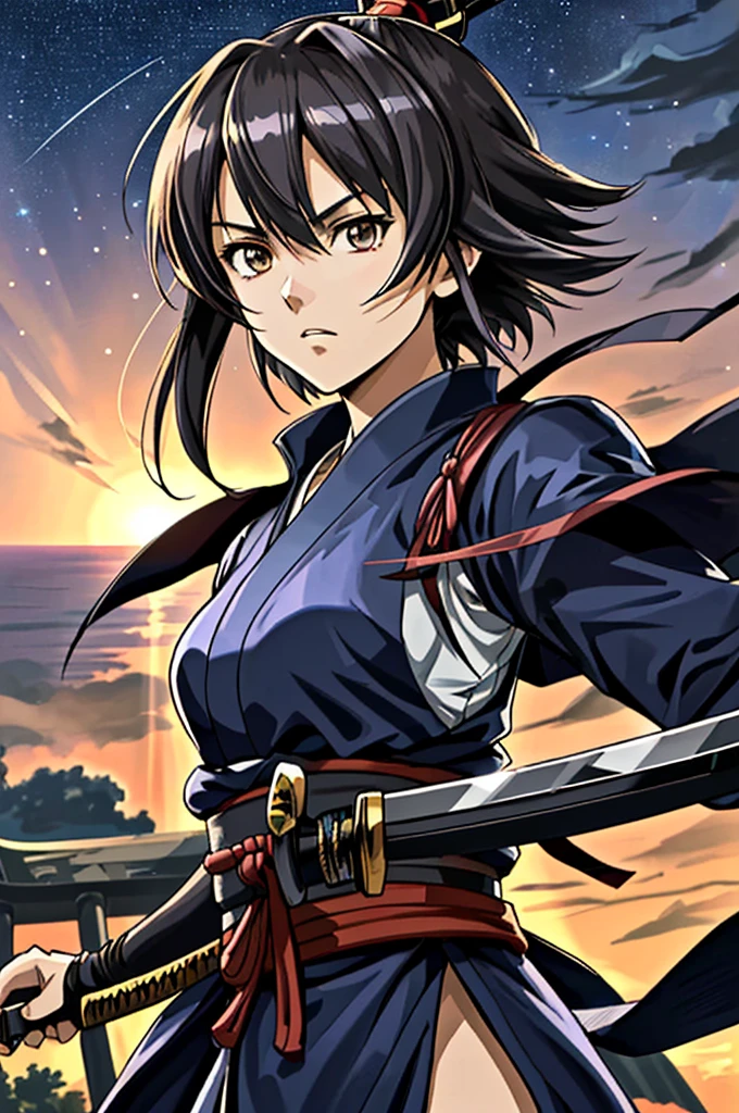 Highest quality, masterpiece, High resolution, alone, （Rurouni Kenshin），（Kantai Collection），Shinsengumi，（smug face），（Small breasts），roar，((Dentitions)) ， (Japanese sword)，Iron Sword，thrust，Starry Sky_background，Young Girl，Anime Style, Highest quality, 4K, masterpiece,， alone, 1,whole body，looking at the camera, Shinkai Makoto style, （dark blue_coat）Sharp Eyes，（Full Finger）, （Accurate fingertips）, （The finer details）, （Anatomically correct）, (映画のbackground), Hyper Detail, (Subtle details), (Intricate details),
