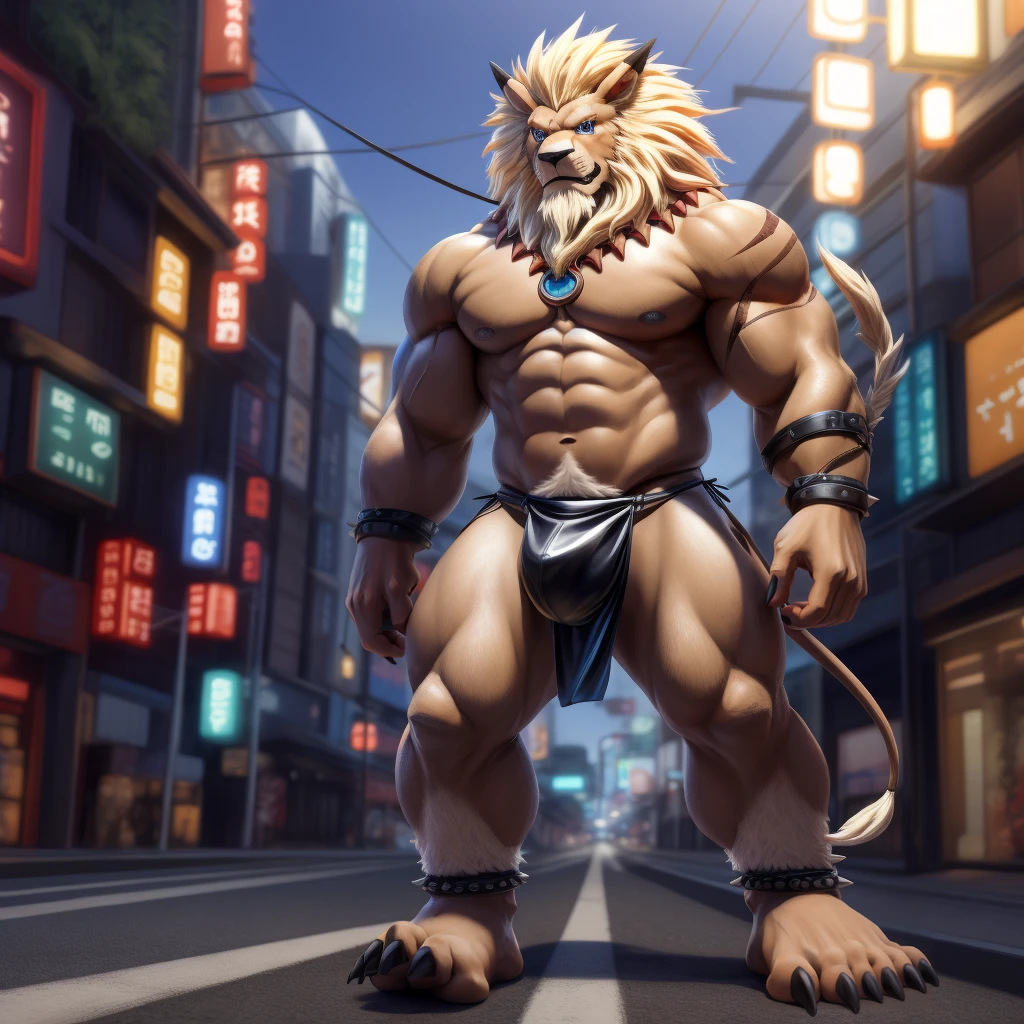 Furry, Kemono, Leon, Leomon, Digimon, (Solo), Bigg Ass, Male Bulge, masculine, Full body, Feet, (Anime Blue Eyes), (Perfect Eyes), Braided Mane, Black leather harness, Spiked Anklet, (White fitted fundoshi), (White string thong), (Fundoshi de color Blanco) , (Background of crossing on the road), High Resolution, 4K Detailed, Good Lighting, Beautiful, Photorealistic, Realistic, (Japanese tight fundoshi), (White Tight male Thong), tail, Lion tail, black claw nails, Big Scar on left shoulder