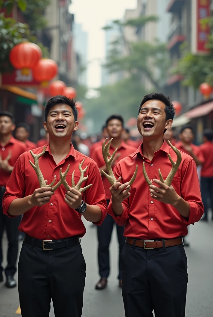 A group of young Vietnamese men singing in the middle of the street, holding ginseng and deer antler