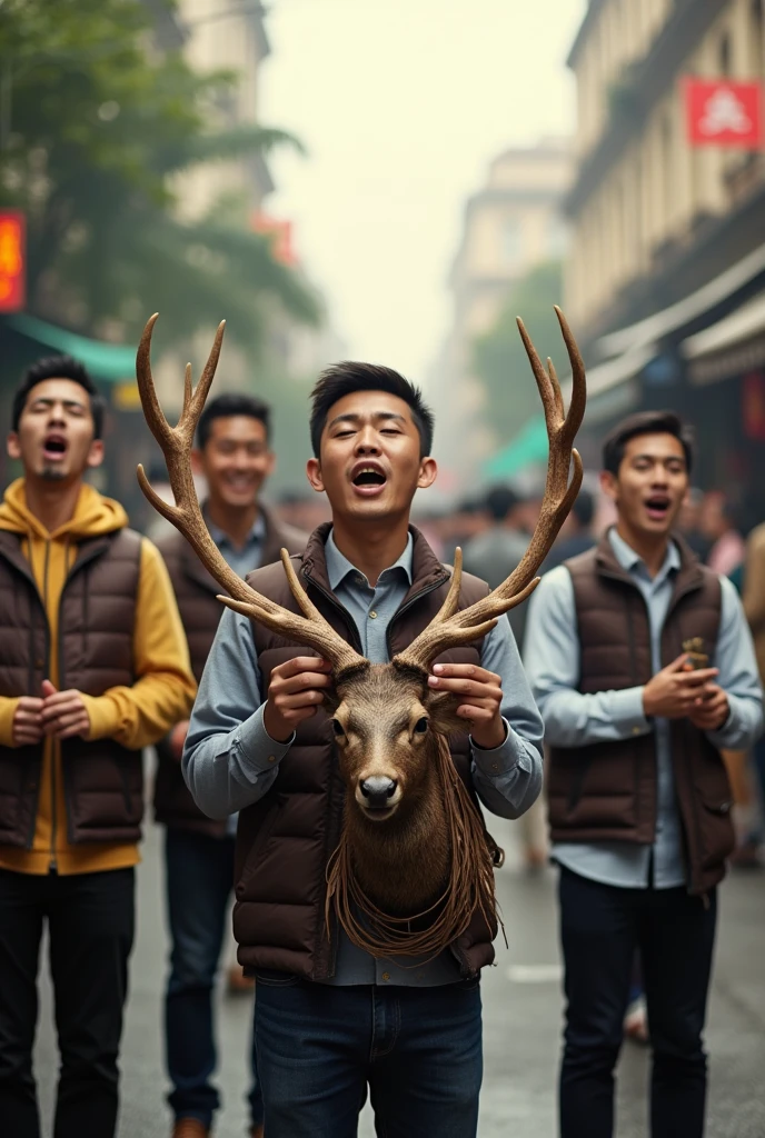 A group of young Vietnamese men singing in the middle of the street, holding ginseng and deer antler