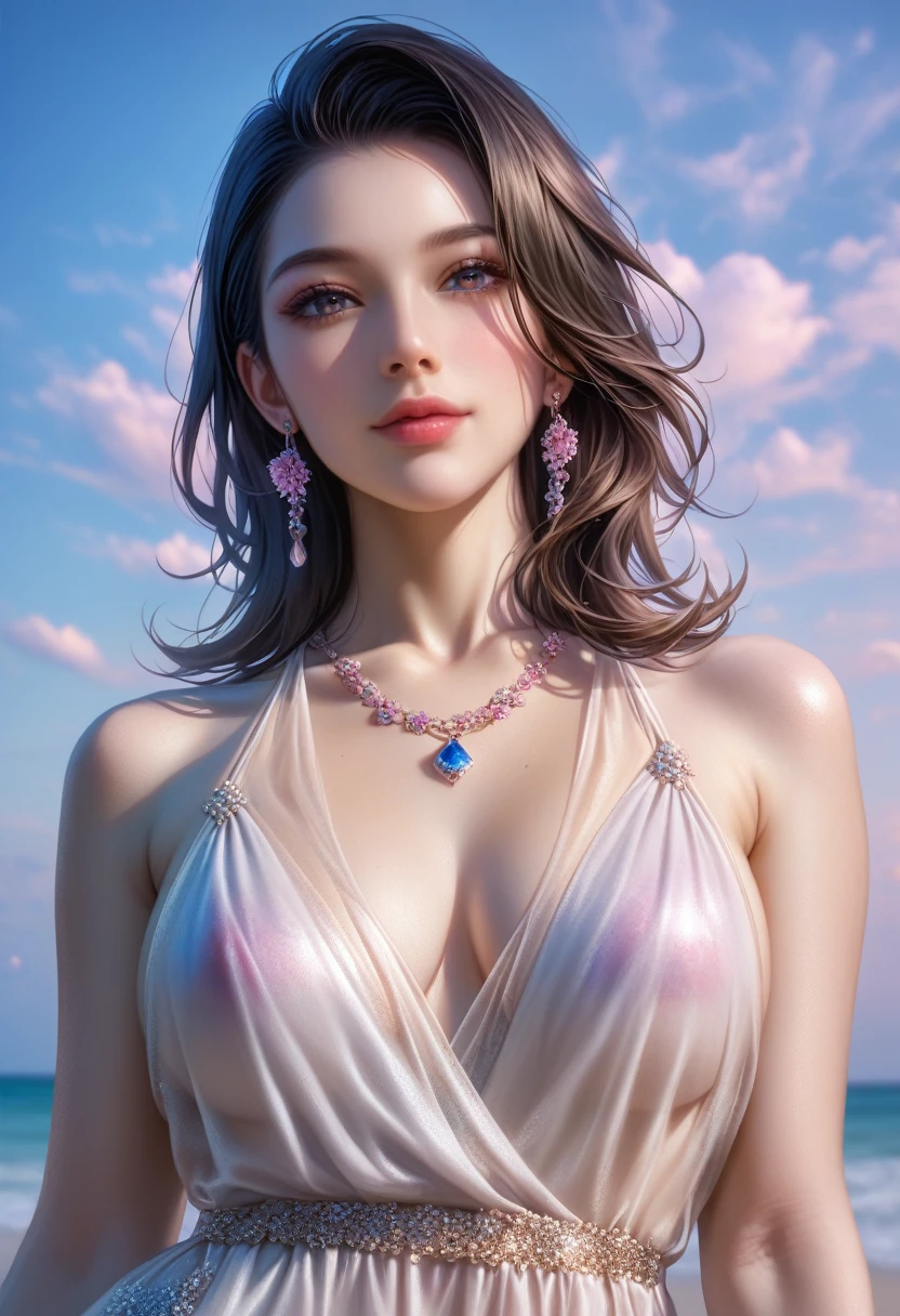 score_9, score_8_superior, score_7_superior, A masterpiece in 32K resolution,Highest quality,it is really amazing,Very detailed,Ultra-high resolution,Ultra-realistic,Realistic,Increased depth of field,Cinematic lighting,
Sexy mature Japan woman,
black straight medium hair,Ultra-detailed and beautiful face,Gentle expression,Translucent white skin,Realistic skin texture,
Elegant swimwear,
Elegant and luxurious design,Colorful color patterns,Beautifully detailed decoration,Detailed fabric texture,
Gorgeous necklace,Earrings,
Coastline at night,delay々A desolate sandy beach that continues,The huge moon illuminates the beach in a fantastic way,Dark clouds floating in the dark night sky,
Cinematic,Low - Angle,