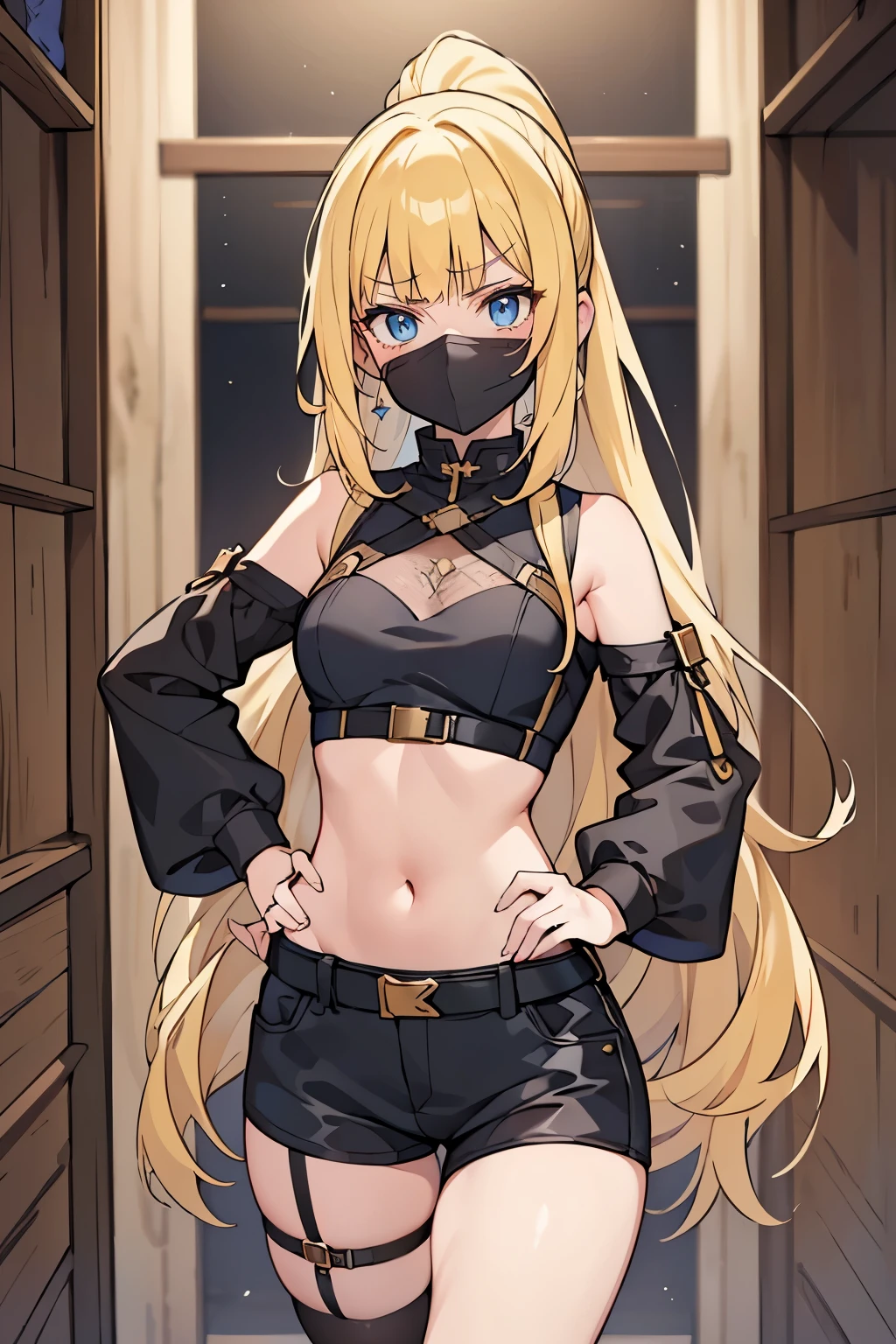 Young adult girl, best quality, 1 girl, female figure, yellow hair, blunt bangs, extra long hair, crystal blue eyes, golden blonde hair, cowboy shot, voluminous hair, wavy hair, cute girl, (medium small breasts), (young female body: 1.4), assassin, black assissin clothes, shirts, garter, tights, hand on hip, basement cellar, ponytail, black shorts, tight shorts, cropped top, long sleeves, assassins mask