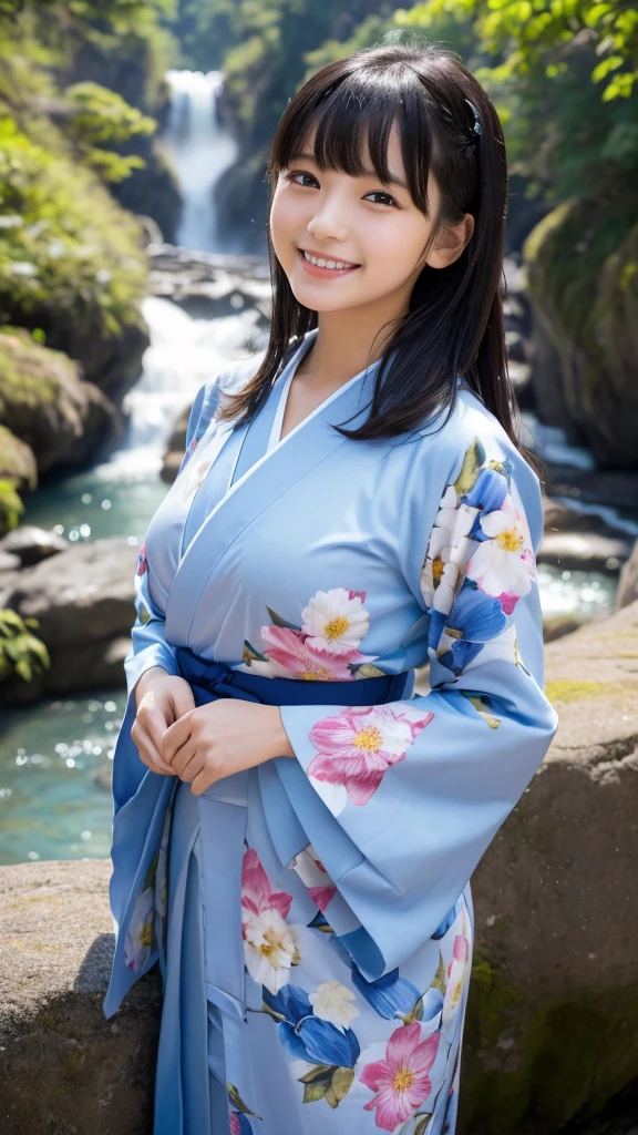 A very large waterfall、In front of Kegon Falls in Oku-Nikko、Watching the waterfall、Admire the waterfall、Overtaking High Resolution、Her breasts overflow from the collar of her kimono.、(Real: 1.4)、Raw photo、Highest quality、(Photorealistic)、concentrated、Soft Light、((12 years old))、((Japanese))、(front、Young Face)))、(Depth of Limit)、(one piece)、masterpiece、(Photoreal)、woman、bangs、1 beautiful Japanese model、12 years oldwomanモデル、4K、high resolution、bangs、Black Hair、kimono、white and blueflower Long-sleeved kimono、Japanese style floral pattern:1.5、A cute face like an idol:1.4、Slim and beautiful body、Beautiful breasts、Laughter、Esbian all over body:1.2、Enhanced Dynamic Perspective、Cute cute beautiful girl、Beautiful Skin、look at me and smile、Simple Background、Masterpieces、high resolution、4K resolution、Overtaking